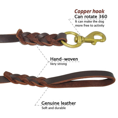 Braided Leather Dog Leash Pet K9 Walking Training