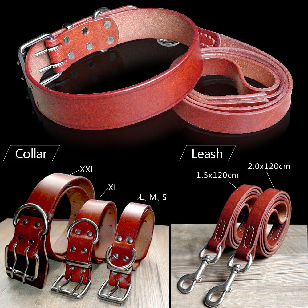 Heavy Duty Plain Leather Pet Dog Collar Leash Set