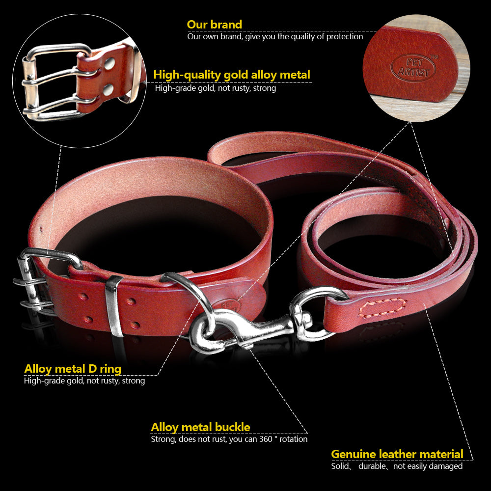 Heavy Duty Plain Leather Pet Dog Collar Leash Set