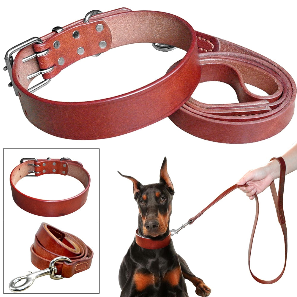 Heavy Duty Plain Leather Pet Dog Collar Leash Set