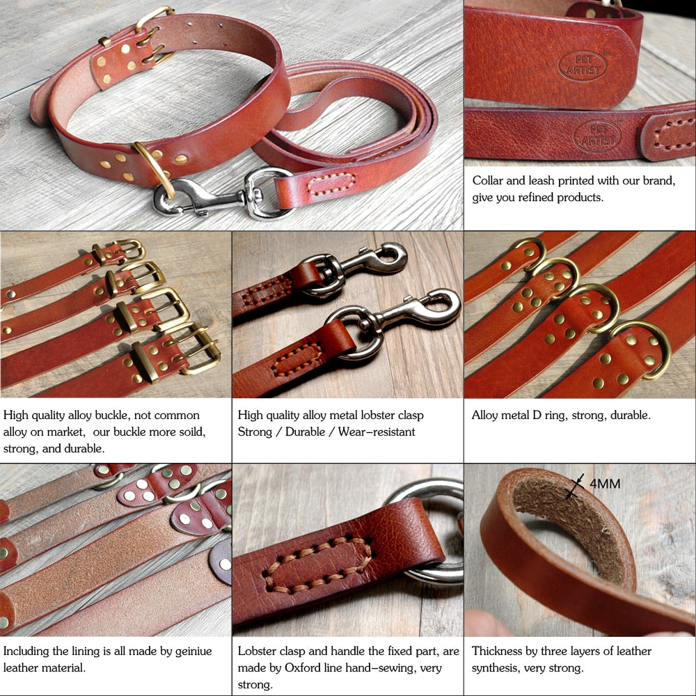 Real Leather Pet Dog Collar Leash Set For Medium