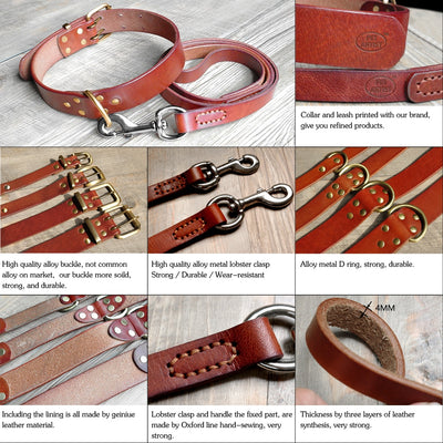 Real Leather Pet Dog Collar Leash Set For Medium